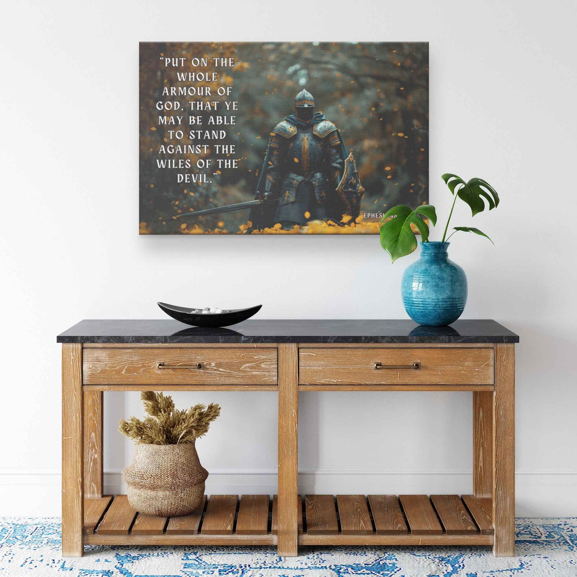 Strength in Faith Knight with the Whole Armor of God   Ephesians 611 Christian Canvas Wall Art Decor