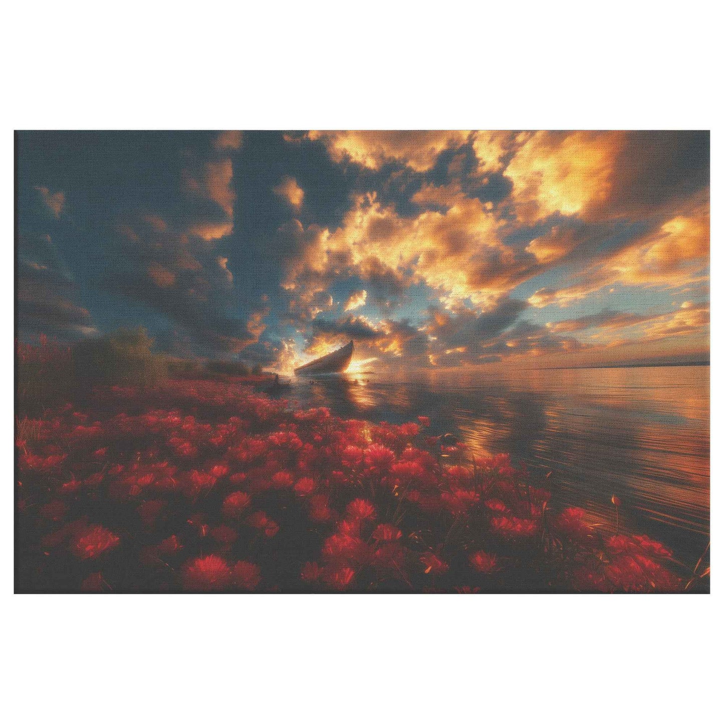 Stunning Sunset Over Noahs Ark with Blooming Red Flowers and Dramatic Clouds Enchanting Christian Canvas Wall Art Decor