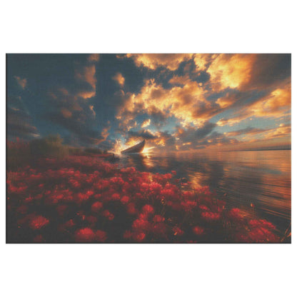 Stunning Sunset Over Noahs Ark with Blooming Red Flowers and Dramatic Clouds Enchanting Christian Canvas Wall Art Decor
