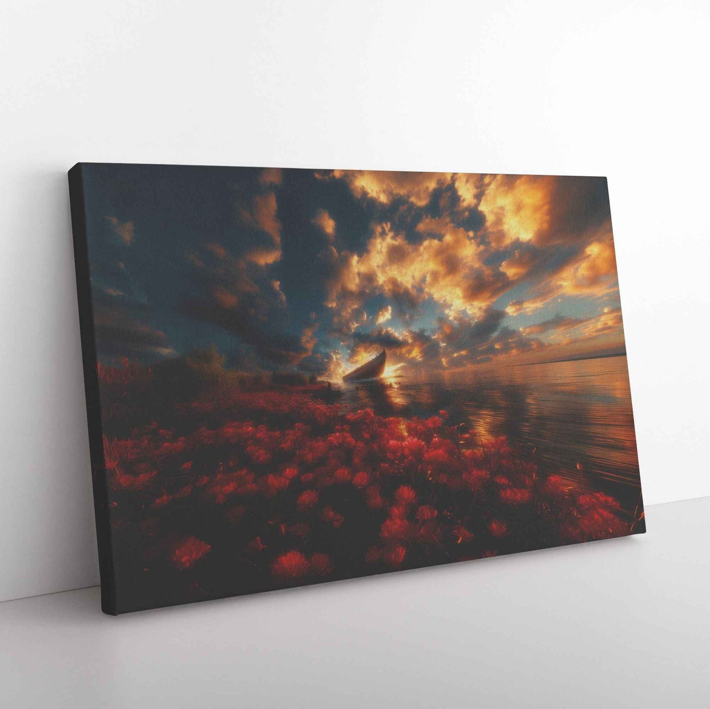 Stunning Sunset Over Noahs Ark with Blooming Red Flowers and Dramatic Clouds Enchanting Christian Canvas Wall Art Decor