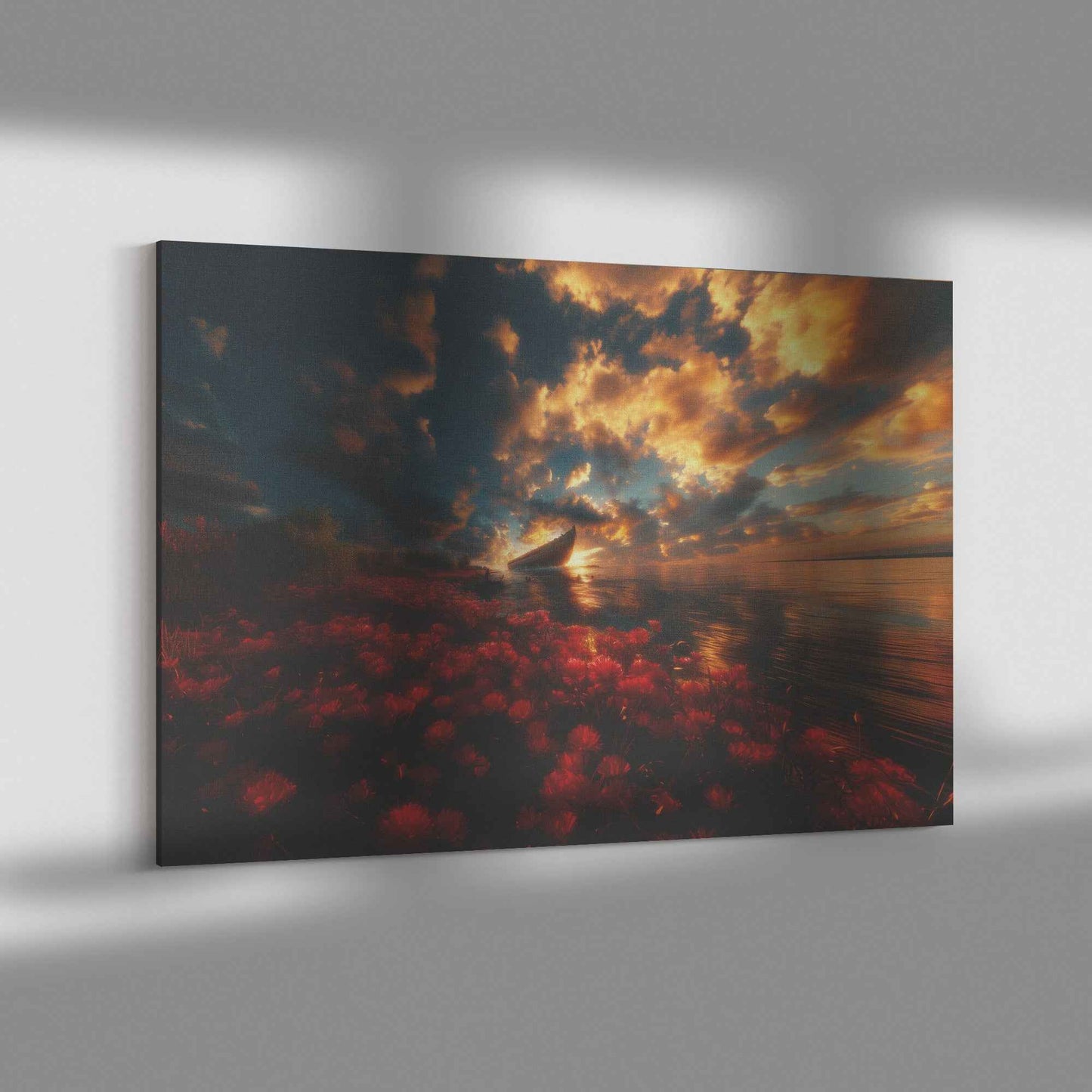 Stunning Sunset Over Noahs Ark with Blooming Red Flowers and Dramatic Clouds Enchanting Christian Canvas Wall Art Decor