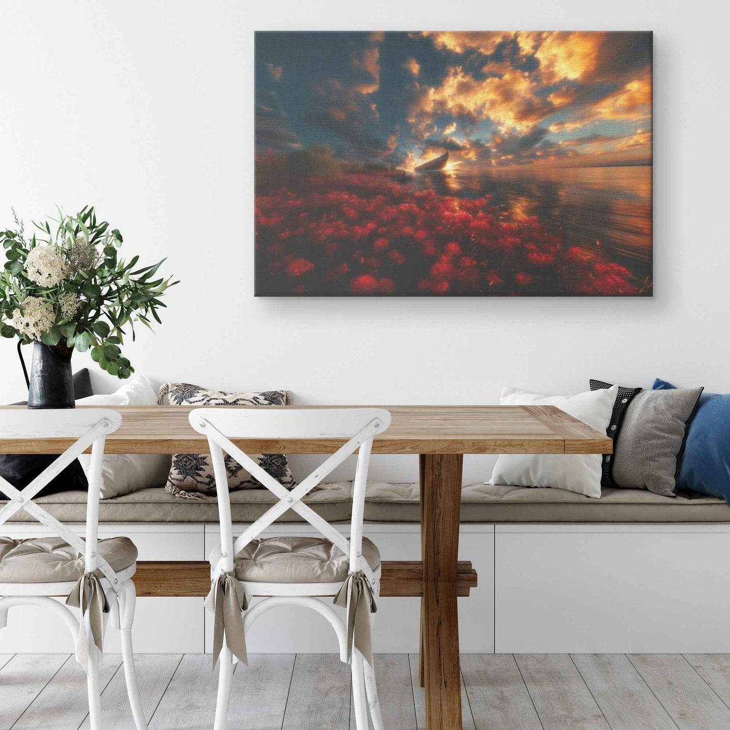 Stunning Sunset Over Noahs Ark with Blooming Red Flowers and Dramatic Clouds Enchanting Christian Canvas Wall Art Decor