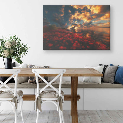 Stunning Sunset Over Noahs Ark with Blooming Red Flowers and Dramatic Clouds Enchanting Christian Canvas Wall Art Decor