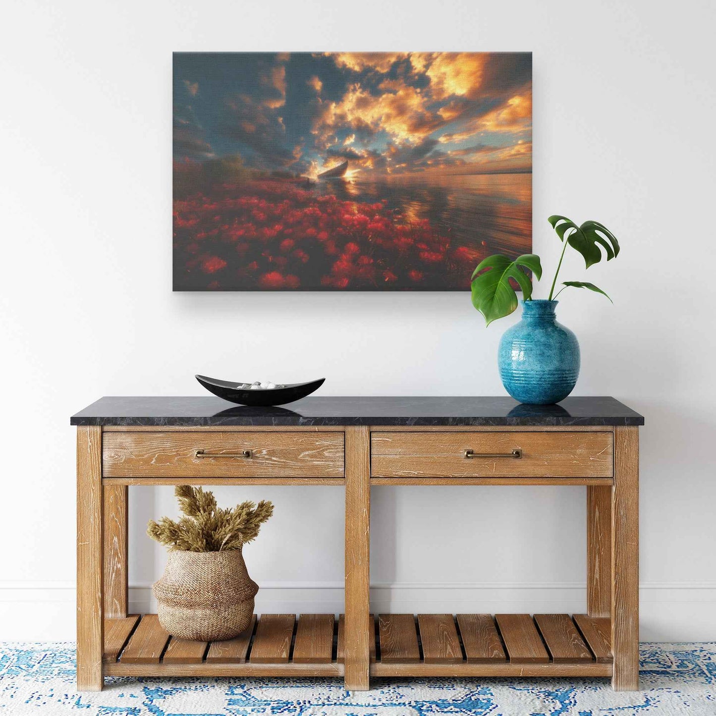 Stunning Sunset Over Noahs Ark with Blooming Red Flowers and Dramatic Clouds Enchanting Christian Canvas Wall Art Decor