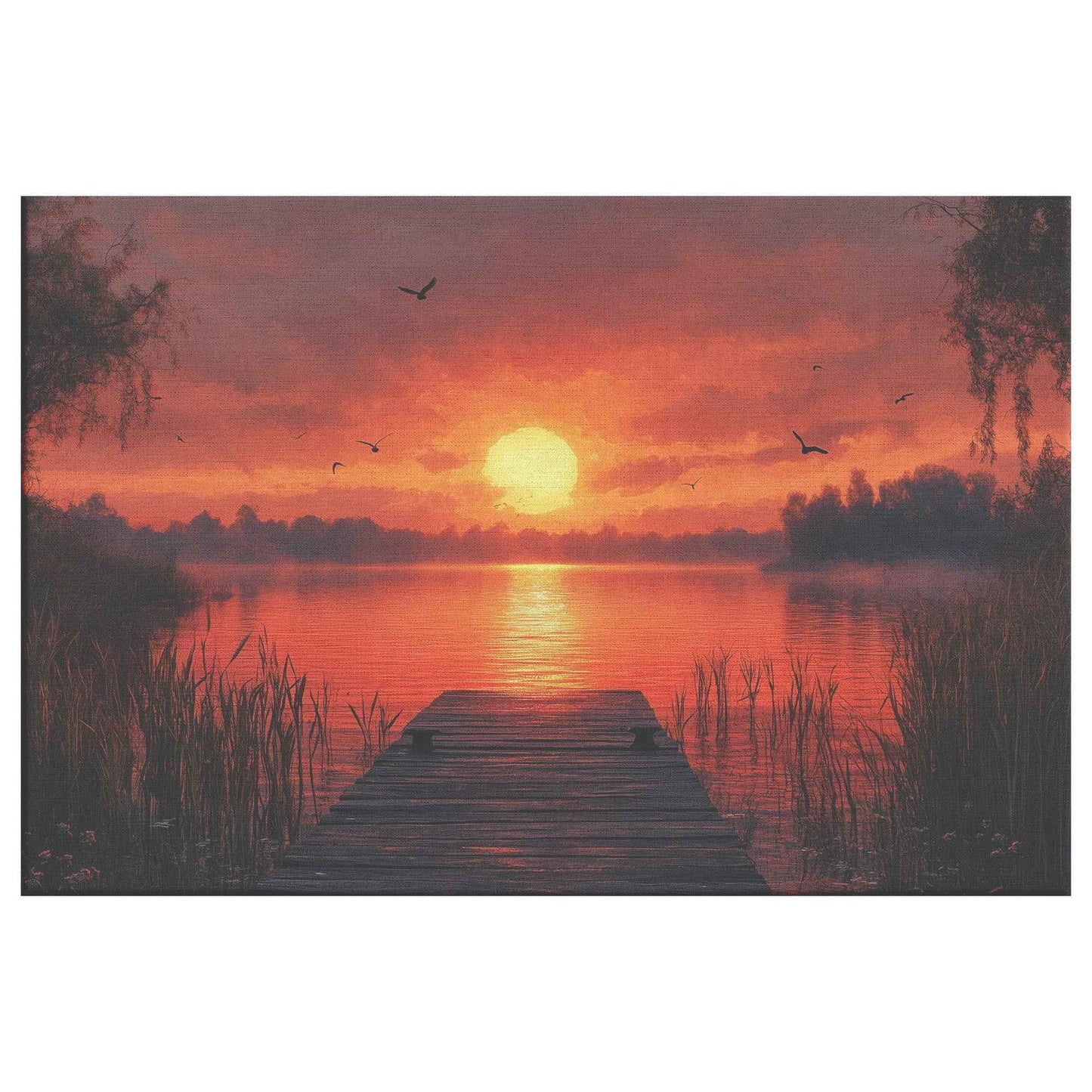 Stunning Sunset Over Tranquil Lake with Wooden Dock and Birds  Elegant Natural Scenery Canvas Wall Art