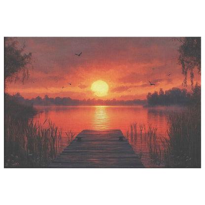 Stunning Sunset Over Tranquil Lake with Wooden Dock and Birds  Elegant Natural Scenery Canvas Wall Art