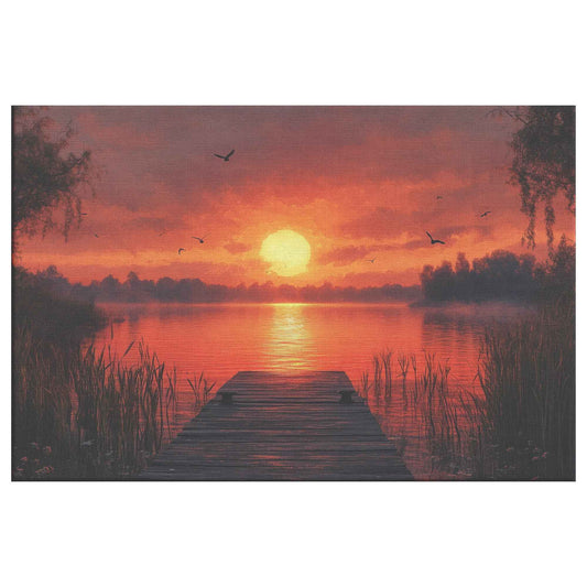 Stunning Sunset Over Tranquil Lake with Wooden Dock and Birds  Elegant Natural Scenery Canvas Wall Art