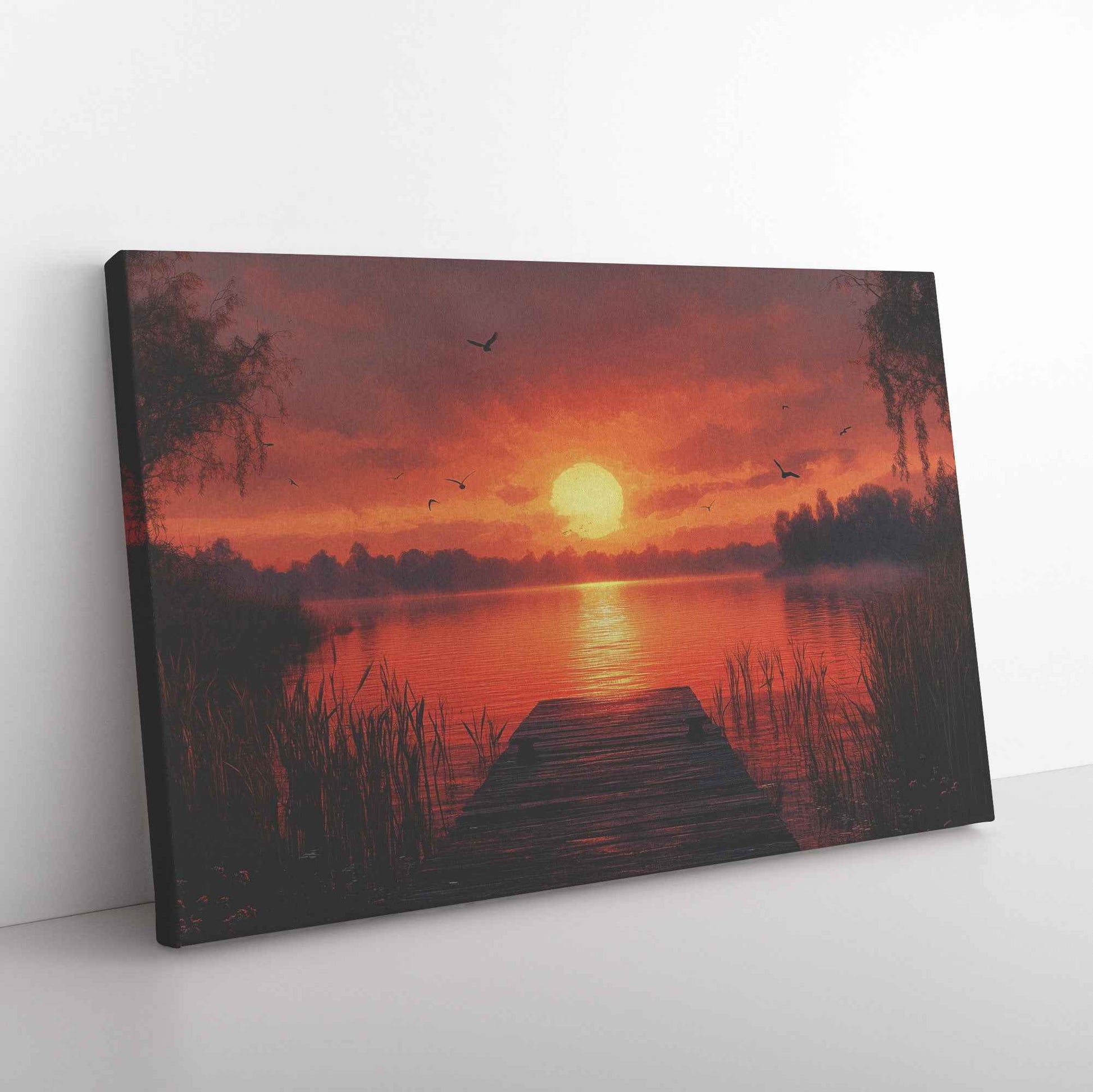 Stunning Sunset Over Tranquil Lake with Wooden Dock and Birds  Elegant Natural Scenery Canvas Wall Art
