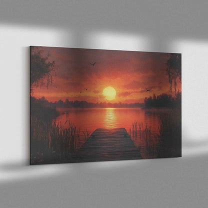 Stunning Sunset Over Tranquil Lake with Wooden Dock and Birds  Elegant Natural Scenery Canvas Wall Art