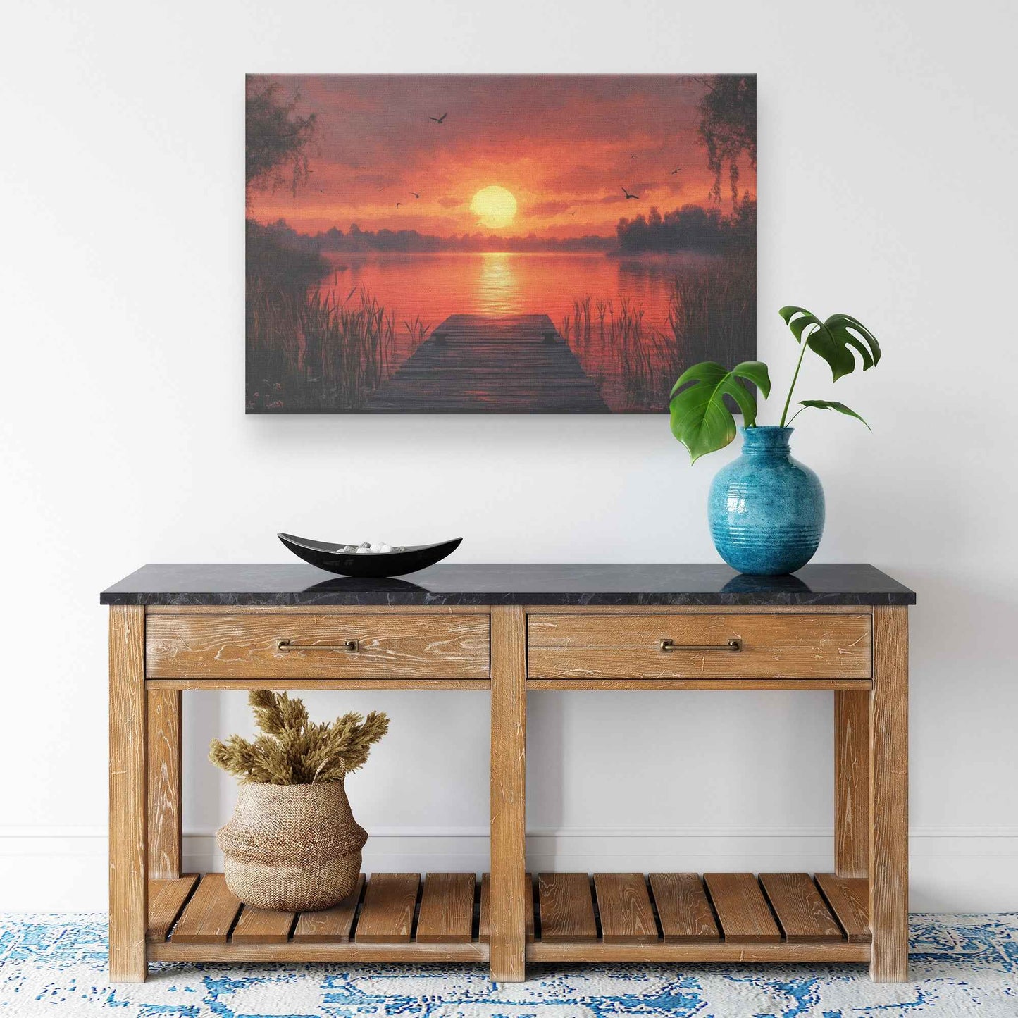 Stunning Sunset Over Tranquil Lake with Wooden Dock and Birds  Elegant Natural Scenery Canvas Wall Art