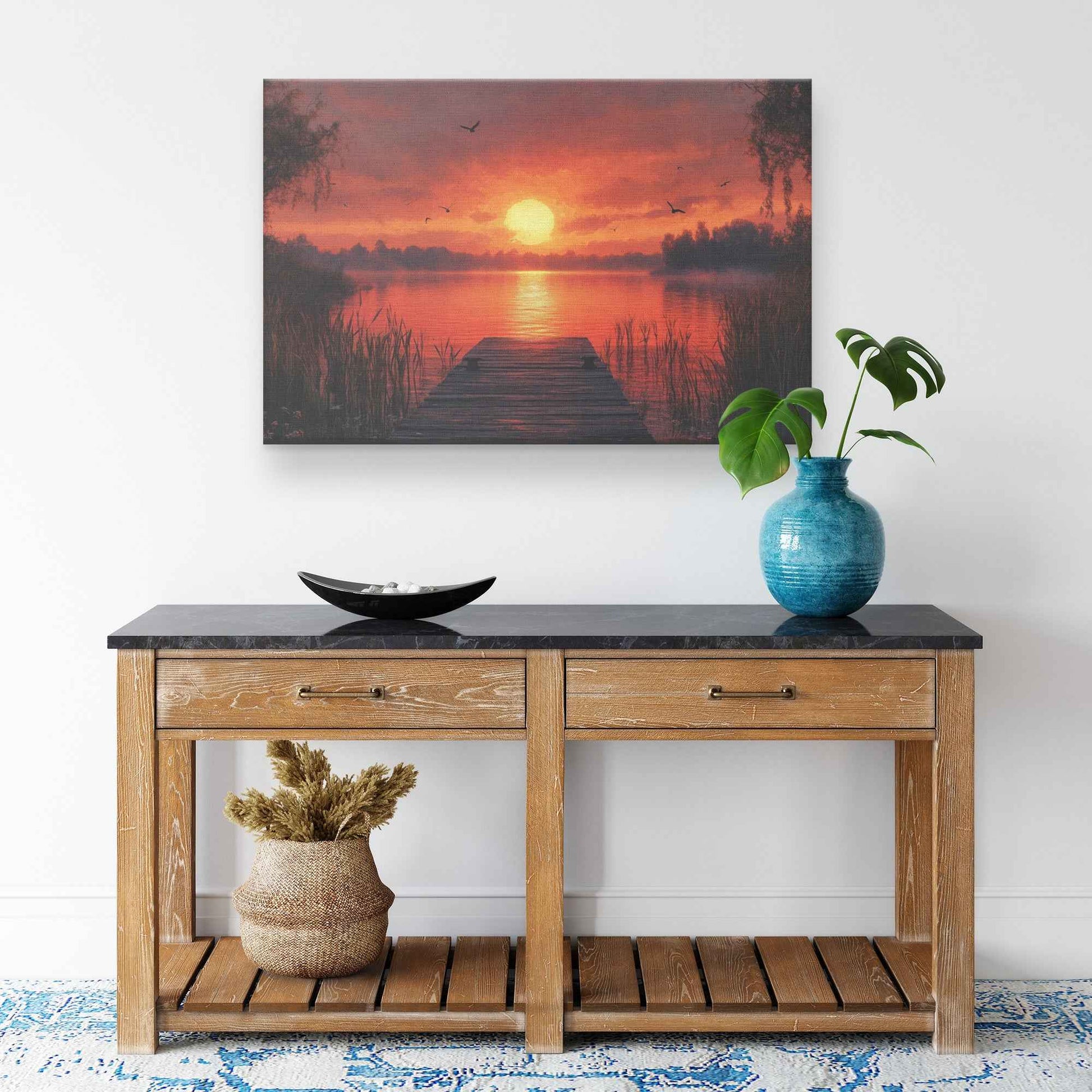 Stunning Sunset Over Tranquil Lake with Wooden Dock and Birds  Elegant Natural Scenery Canvas Wall Art