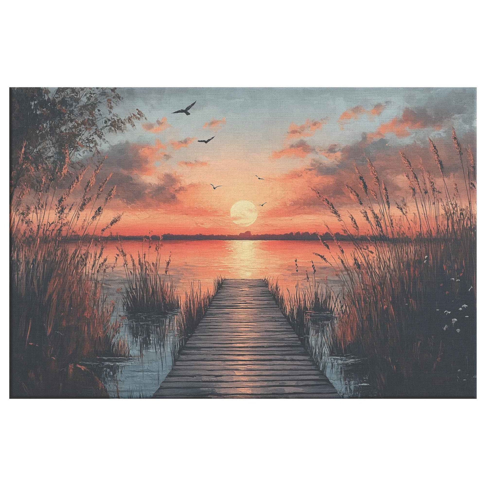 Stunning Sunset Over Tranquil Lake with Wooden Dock and Birds  Vibrant Natural Scenery Canvas Wall Art