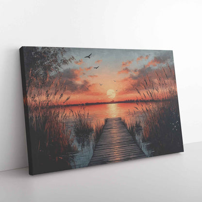 Stunning Sunset Over Tranquil Lake with Wooden Dock and Birds  Vibrant Natural Scenery Canvas Wall Art