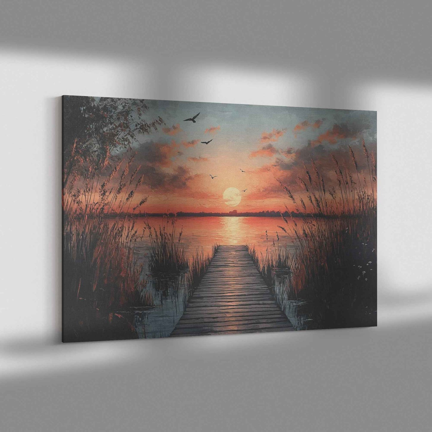 Stunning Sunset Over Tranquil Lake with Wooden Dock and Birds  Vibrant Natural Scenery Canvas Wall Art