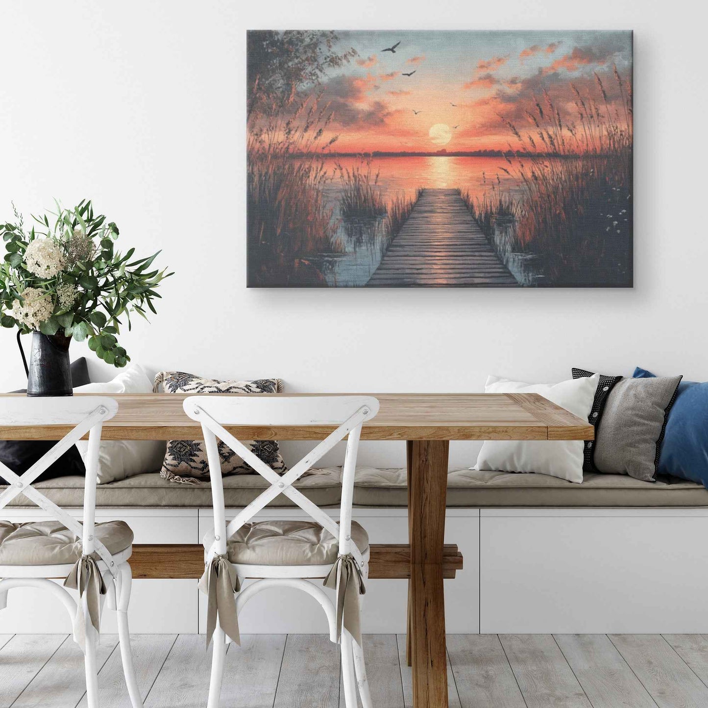 Stunning Sunset Over Tranquil Lake with Wooden Dock and Birds  Vibrant Natural Scenery Canvas Wall Art