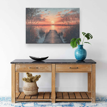 Stunning Sunset Over Tranquil Lake with Wooden Dock and Birds  Vibrant Natural Scenery Canvas Wall Art