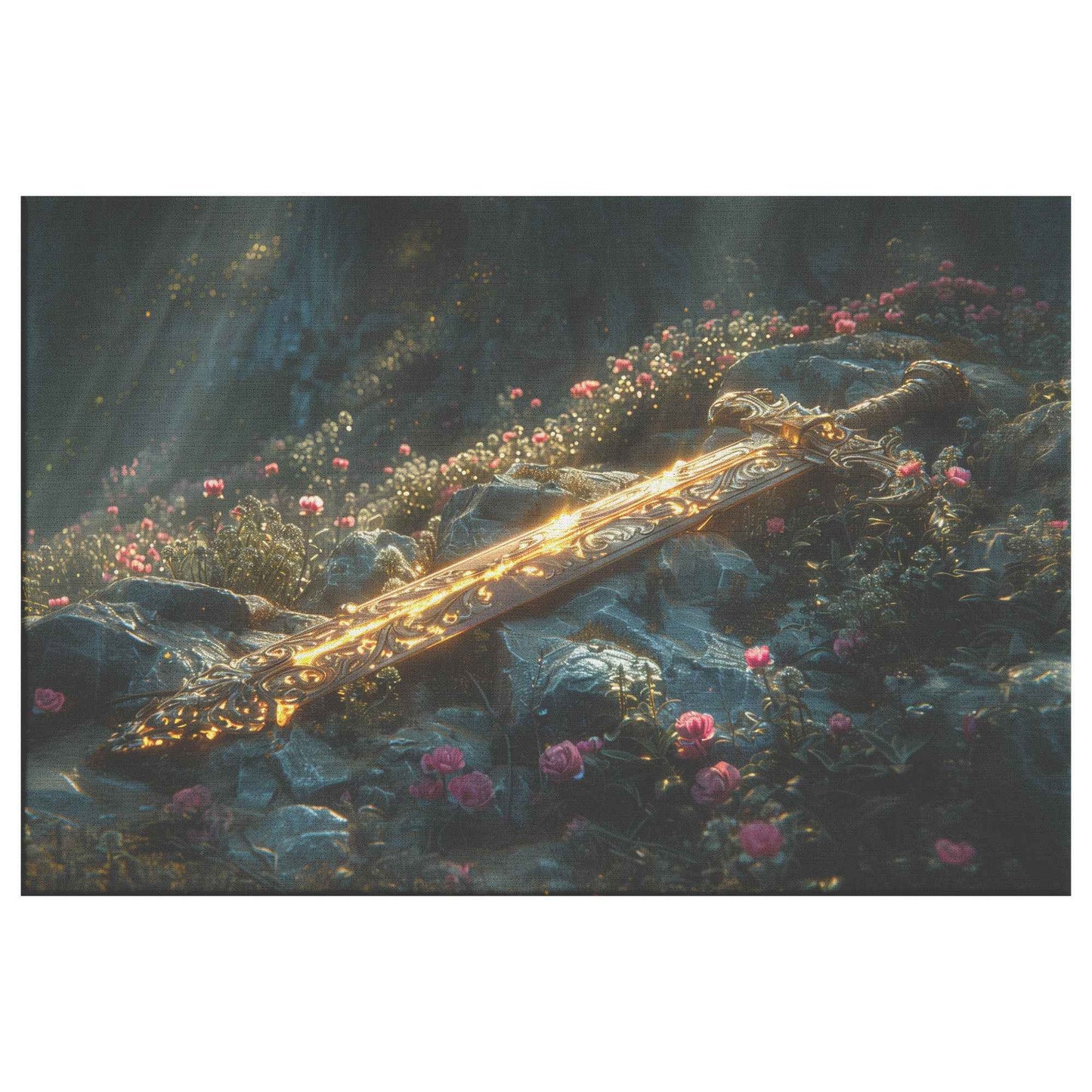 Sword of Righteousness Divine Light on the Path Amidst Blossoms and Greenery   Christian Canvas Wall Art Decor