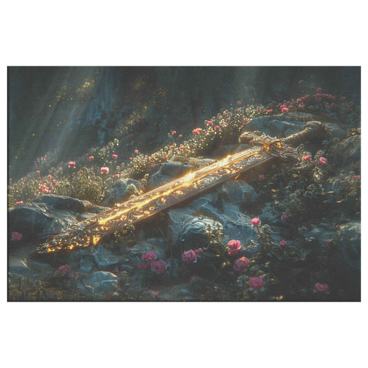Sword of Righteousness Divine Light on the Path Amidst Blossoms and Greenery   Christian Canvas Wall Art Decor