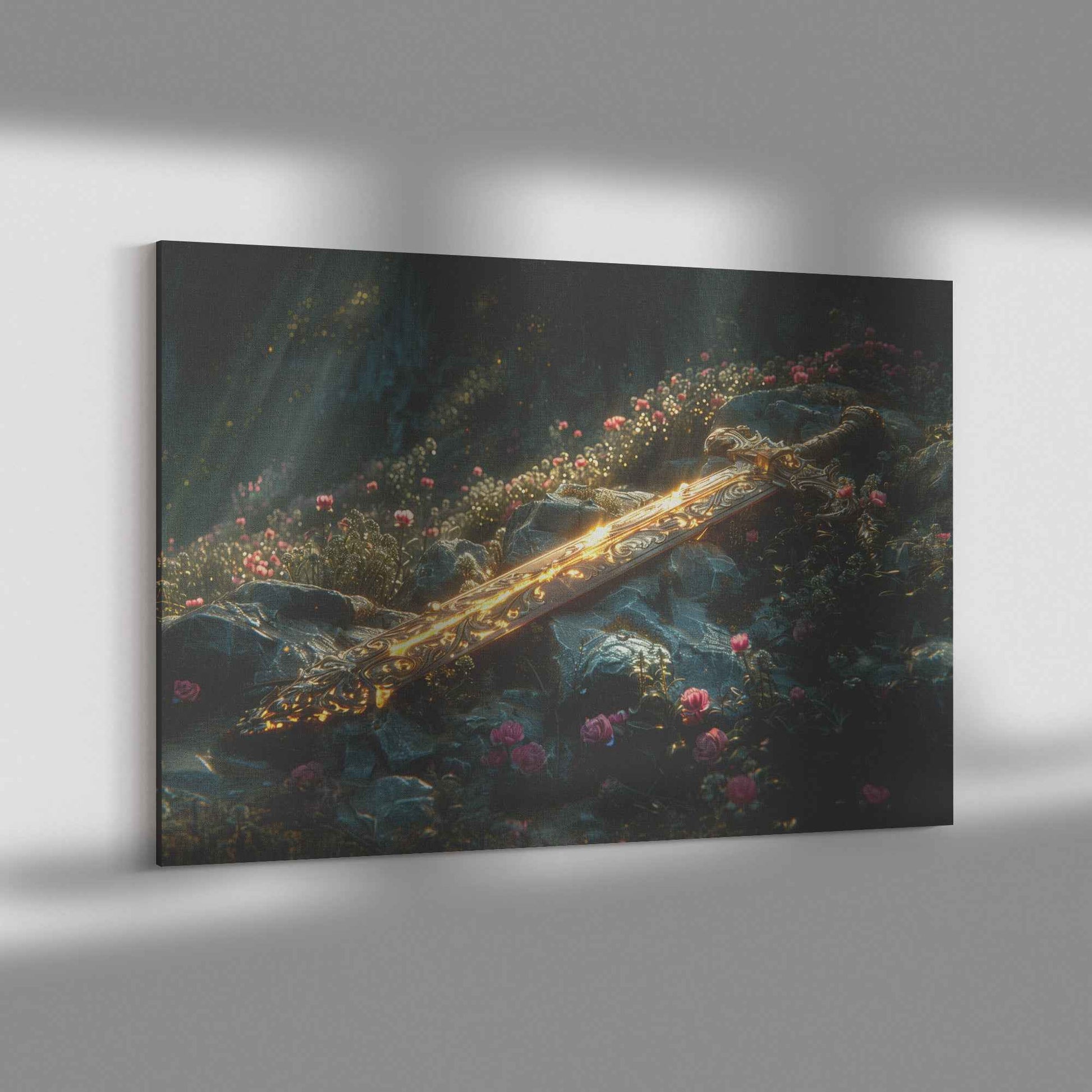 Sword of Righteousness Divine Light on the Path Amidst Blossoms and Greenery   Christian Canvas Wall Art Decor