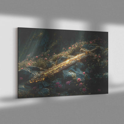 Sword of Righteousness Divine Light on the Path Amidst Blossoms and Greenery   Christian Canvas Wall Art Decor