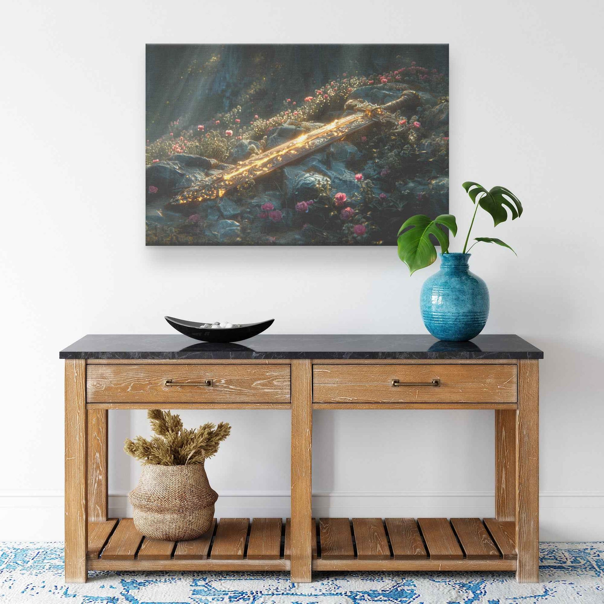 Sword of Righteousness Divine Light on the Path Amidst Blossoms and Greenery   Christian Canvas Wall Art Decor