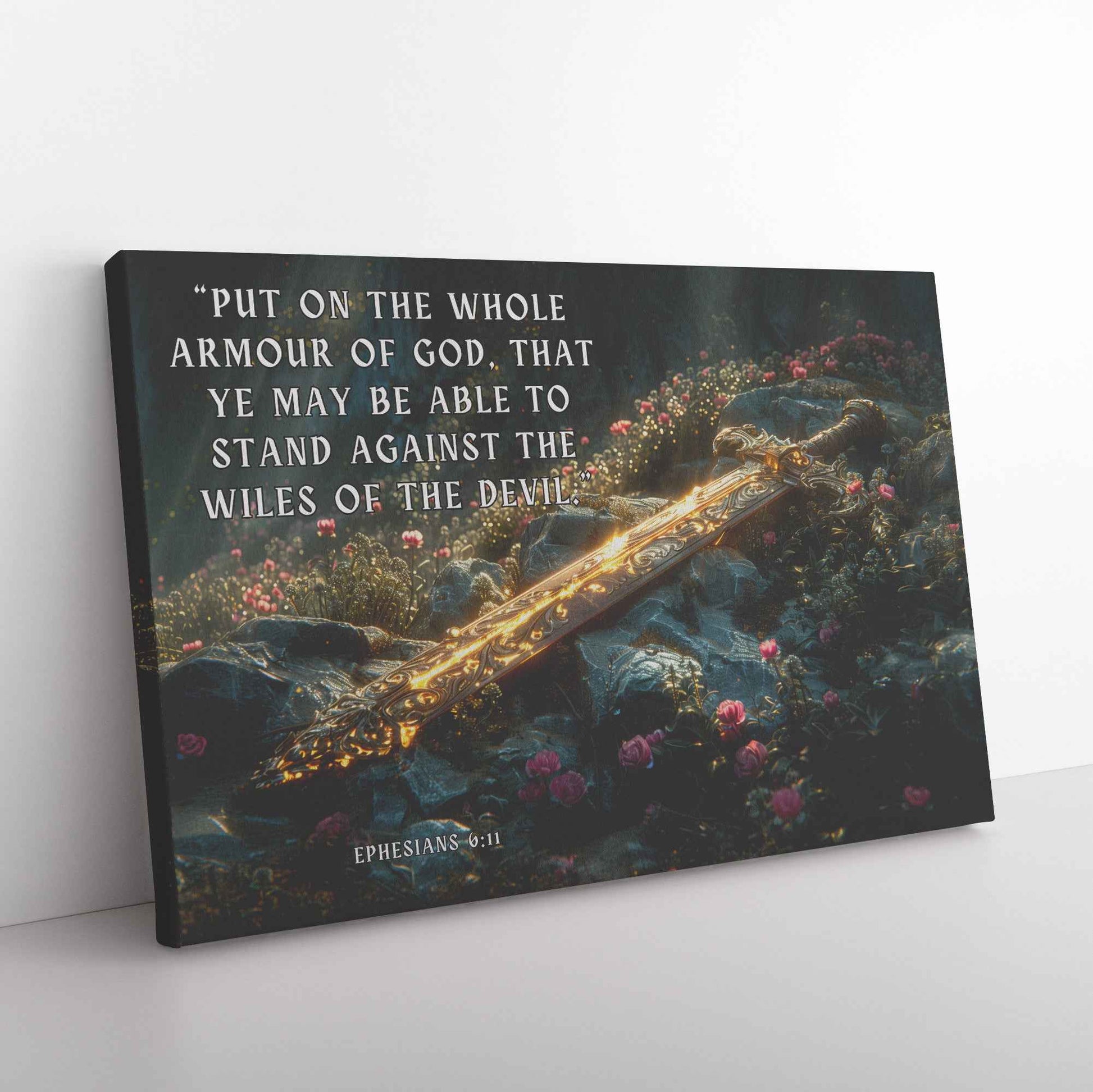 Sword of Righteousness Ephesians 611 Divine Light on the Path Amidst Blossoms and Greenery   Christian Canvas Wall Art Decor
