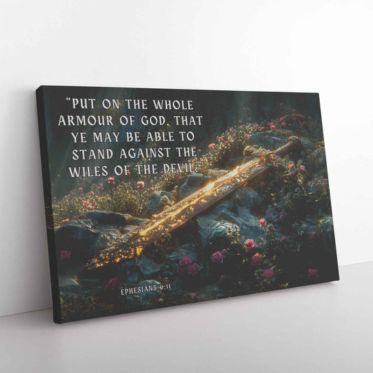 Sword of Righteousness Ephesians 611 Divine Light on the Path Amidst Blossoms and Greenery   Christian Canvas Wall Art Decor