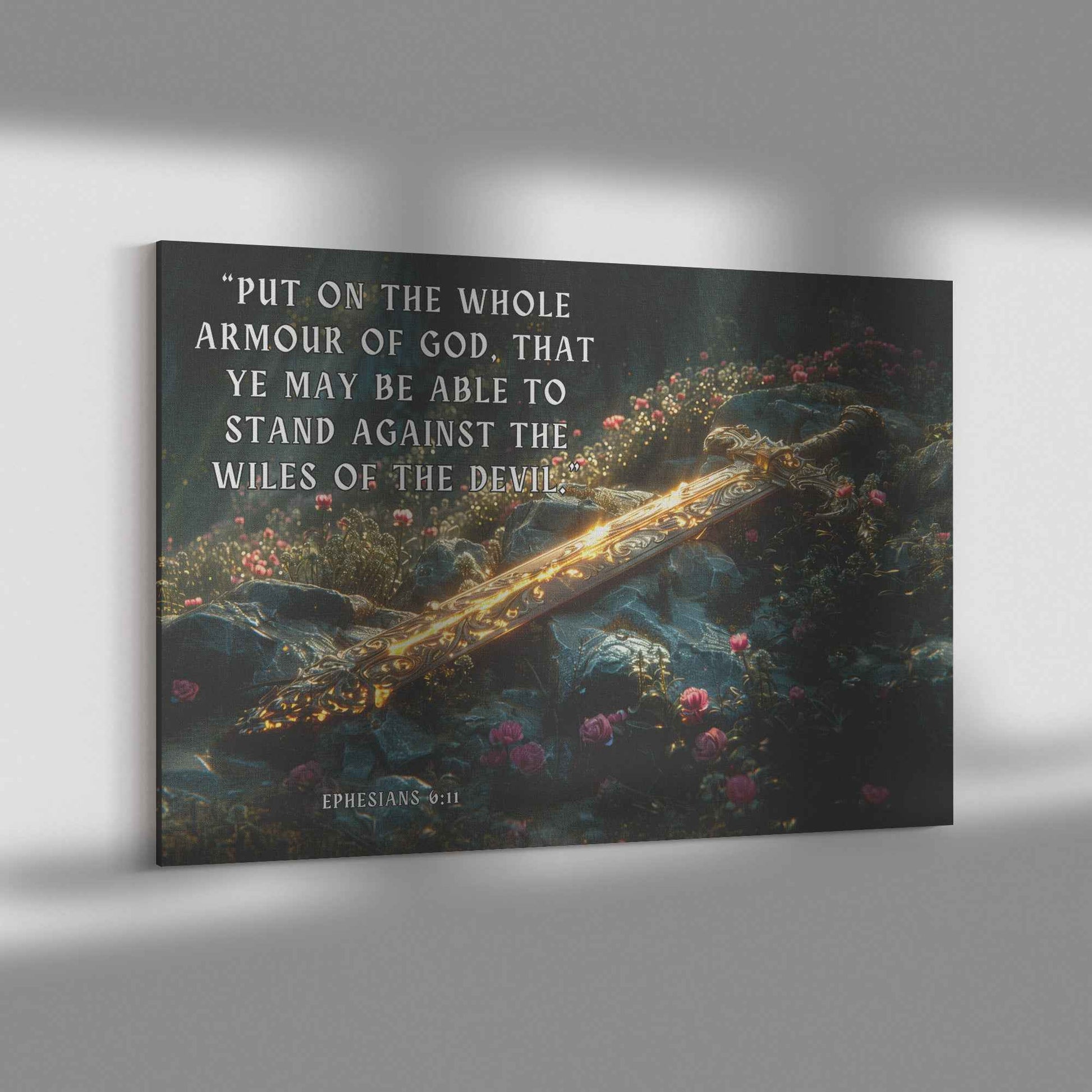 Sword of Righteousness Ephesians 611 Divine Light on the Path Amidst Blossoms and Greenery   Christian Canvas Wall Art Decor