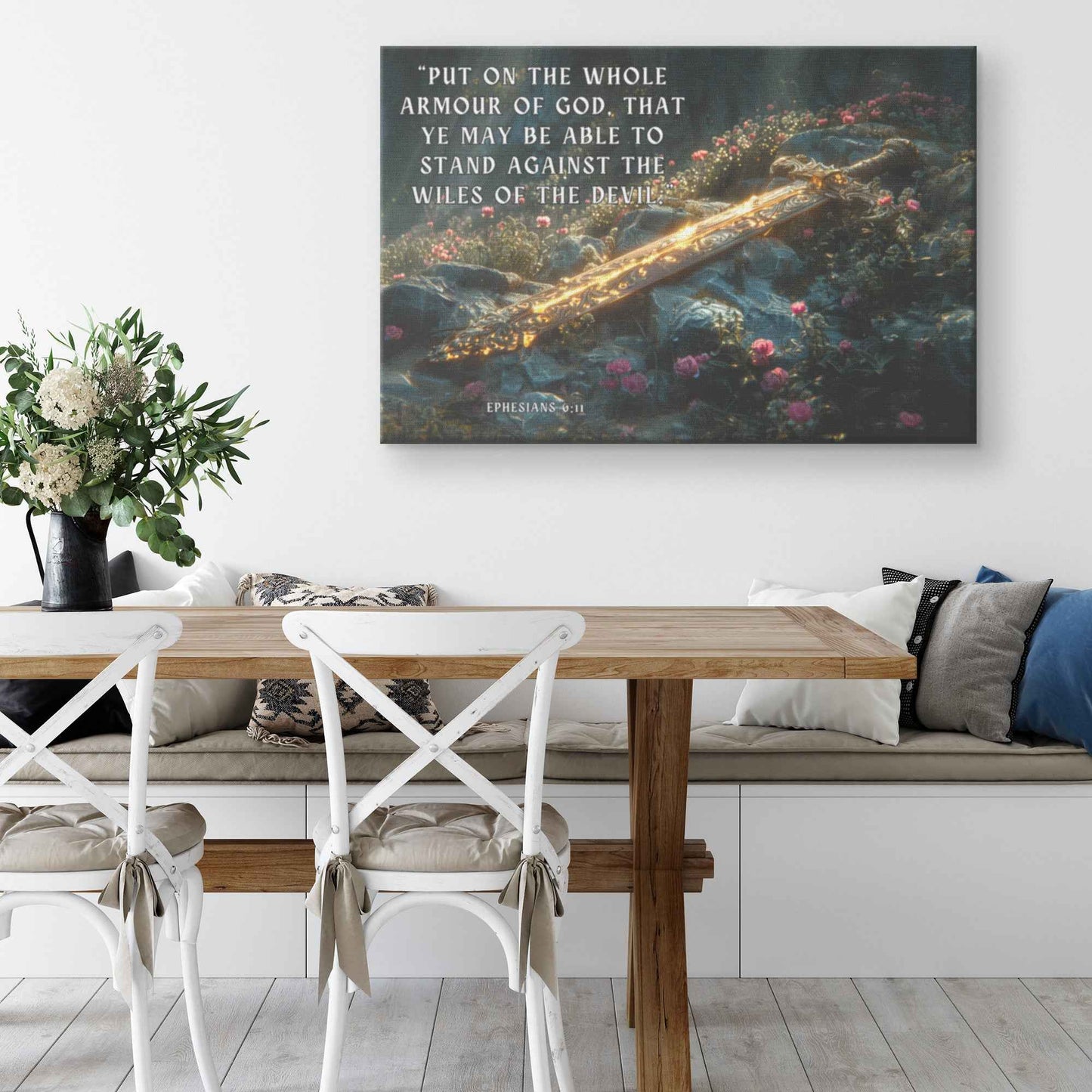 Sword of Righteousness Ephesians 611 Divine Light on the Path Amidst Blossoms and Greenery   Christian Canvas Wall Art Decor