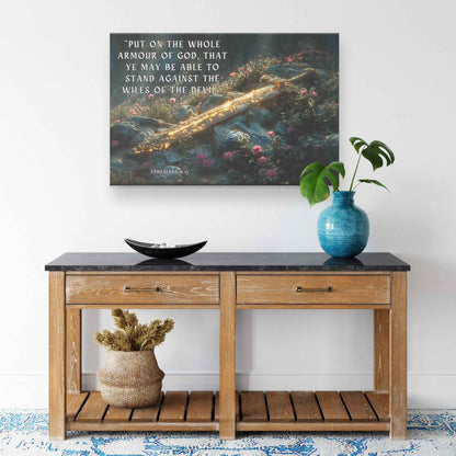 Sword of Righteousness Ephesians 611 Divine Light on the Path Amidst Blossoms and Greenery   Christian Canvas Wall Art Decor
