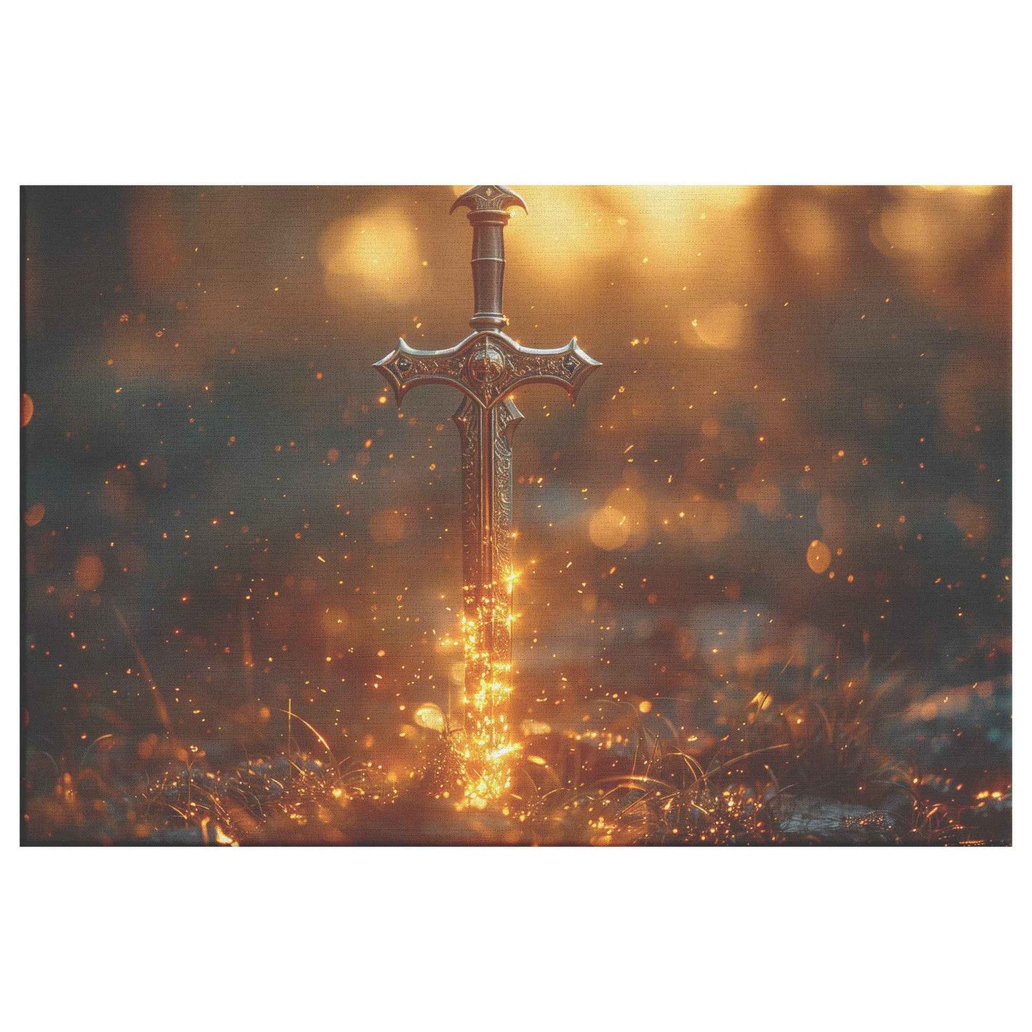 Sword of Righteousness Golden Blade of Light in an Enchanted Field   Christian Canvas Wall Art Decor