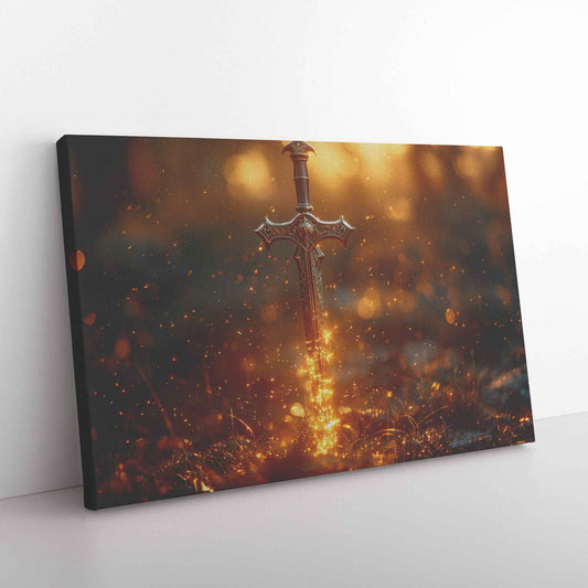 Sword of Righteousness Golden Blade of Light in an Enchanted Field   Christian Canvas Wall Art Decor
