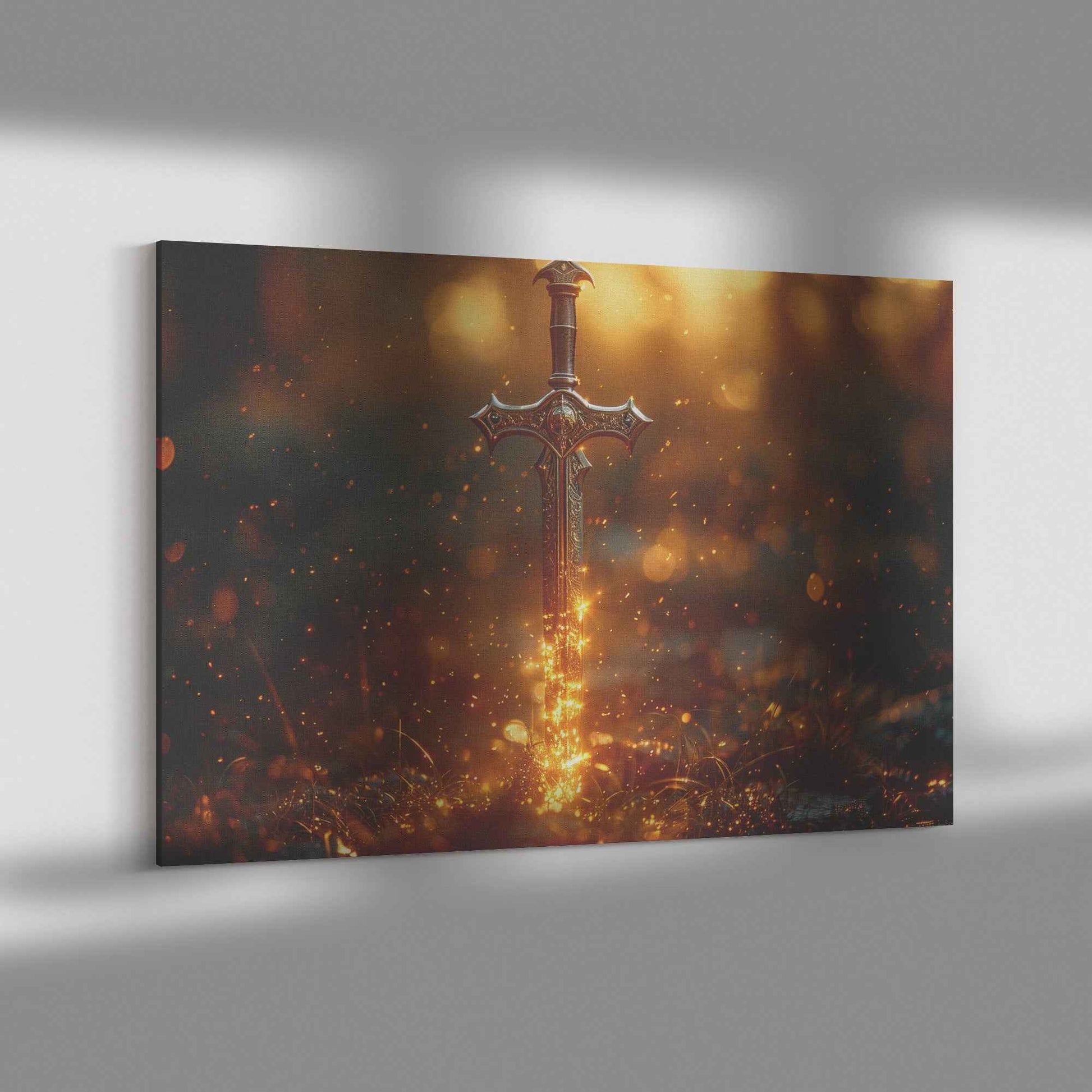 Sword of Righteousness Golden Blade of Light in an Enchanted Field   Christian Canvas Wall Art Decor