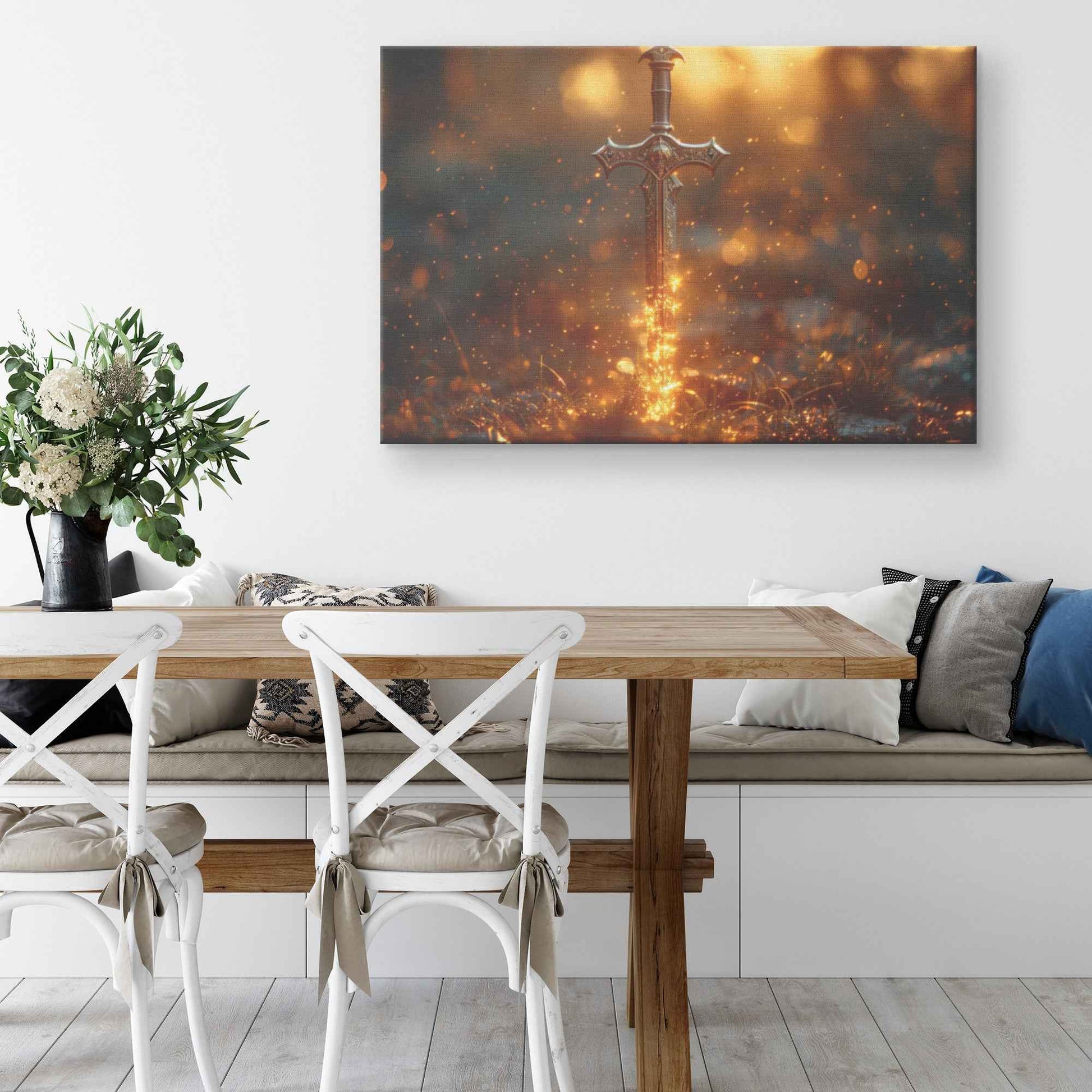 Sword of Righteousness Golden Blade of Light in an Enchanted Field   Christian Canvas Wall Art Decor
