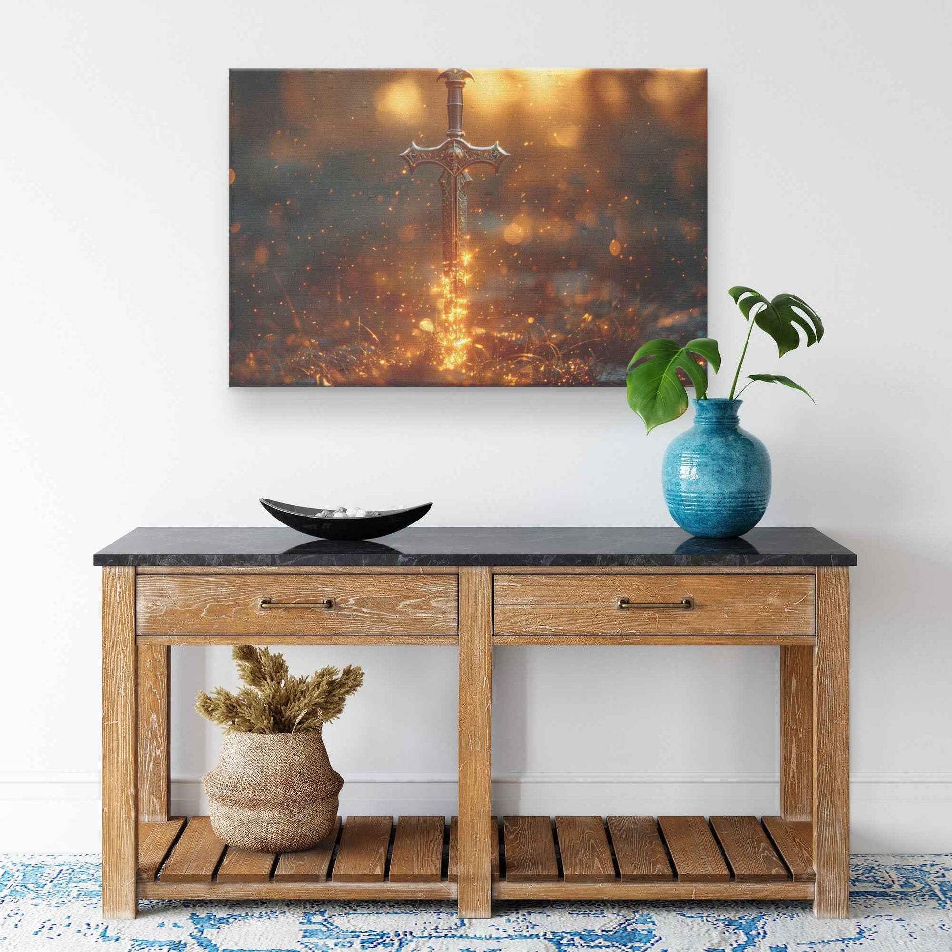 Sword of Righteousness Golden Blade of Light in an Enchanted Field   Christian Canvas Wall Art Decor