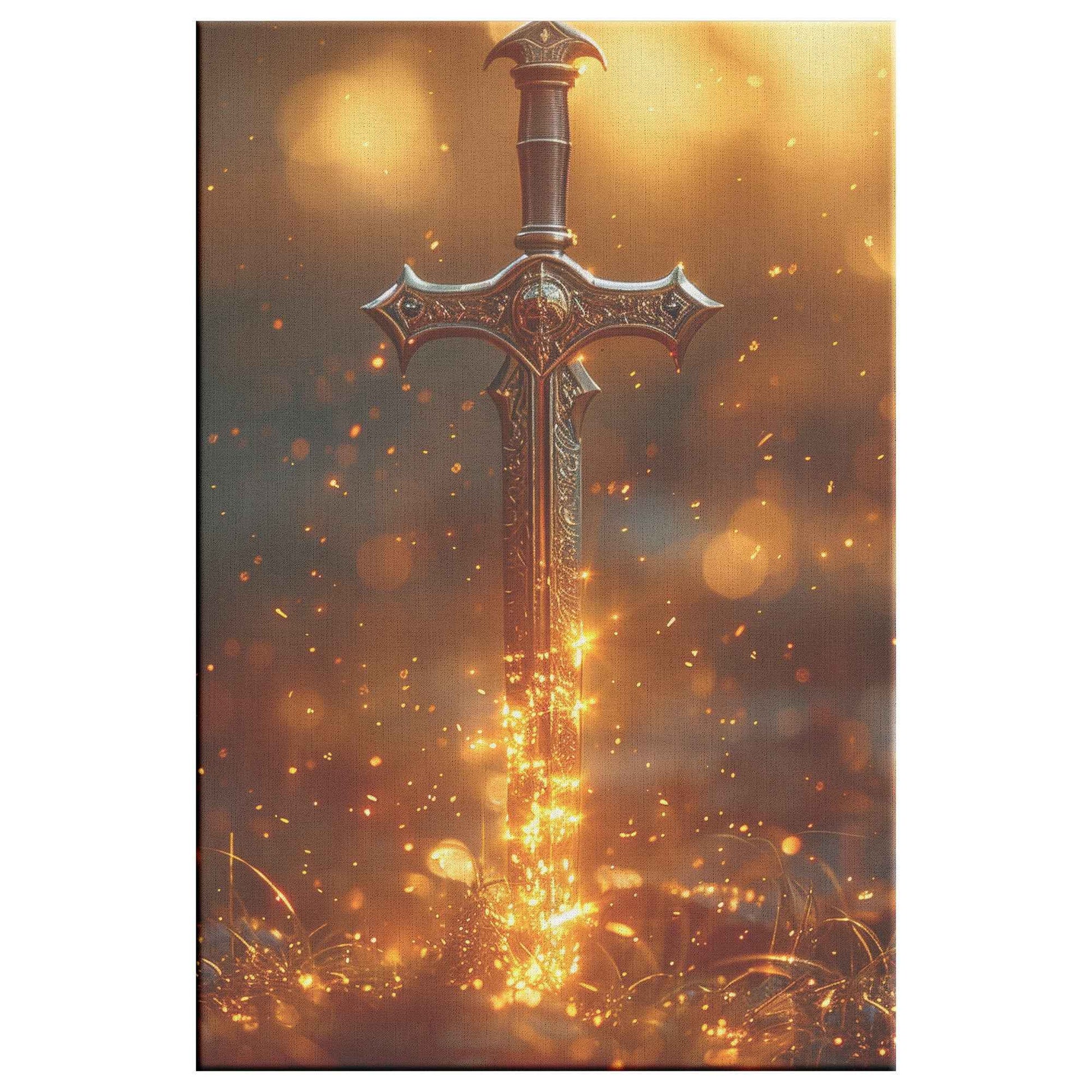 Sword of Righteousness Golden Blade of Light in an Enchanted Field   Christian Canvas Wall Art Decor
