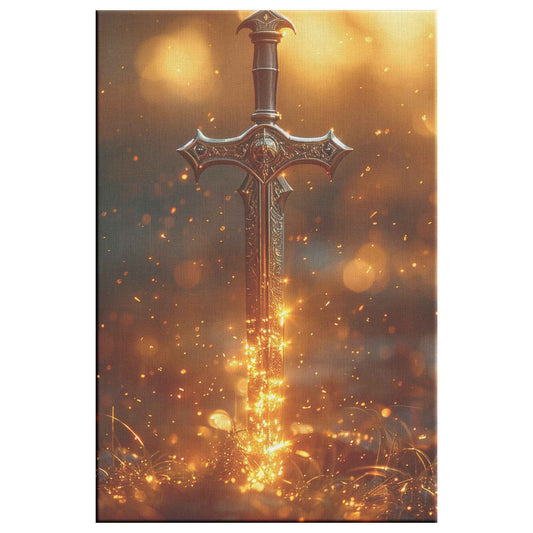 Sword of Righteousness Golden Blade of Light in an Enchanted Field   Christian Canvas Wall Art Decor