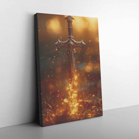 Sword of Righteousness Golden Blade of Light in an Enchanted Field   Christian Canvas Wall Art Decor