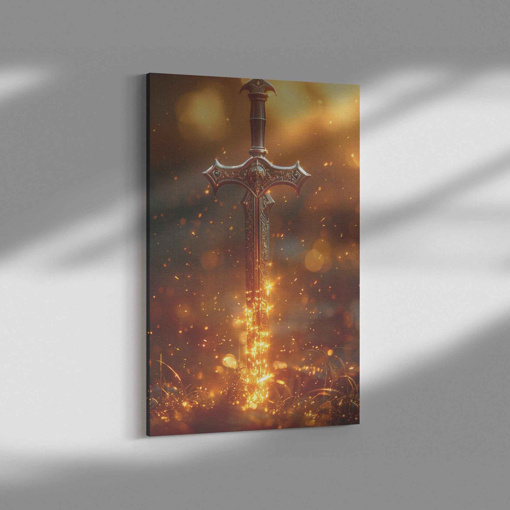 Sword of Righteousness Golden Blade of Light in an Enchanted Field   Christian Canvas Wall Art Decor