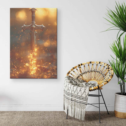 Sword of Righteousness Golden Blade of Light in an Enchanted Field   Christian Canvas Wall Art Decor