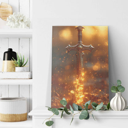 Sword of Righteousness Golden Blade of Light in an Enchanted Field   Christian Canvas Wall Art Decor