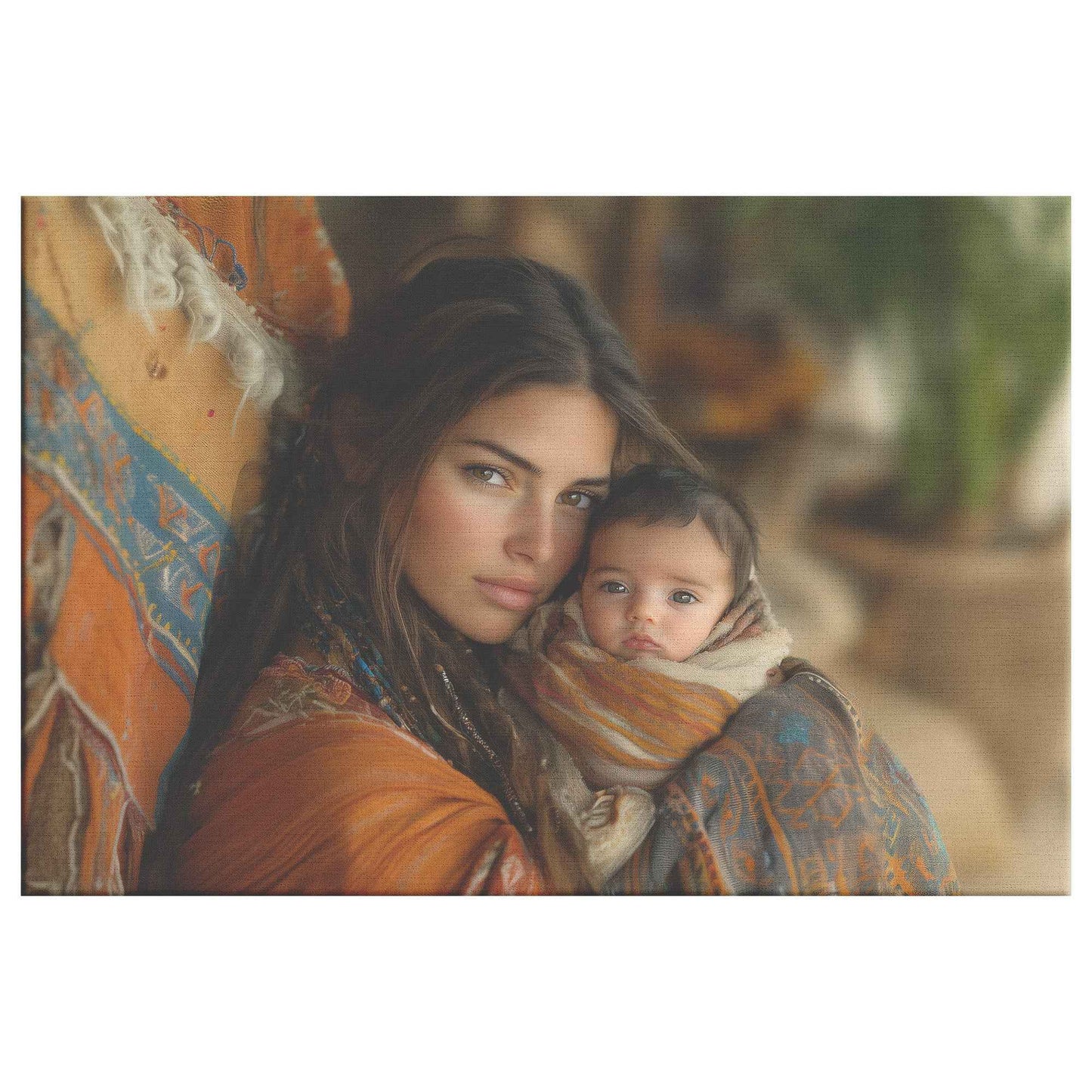 Tender Love Mother Holding Baby in Vibrant Shawl Against Rustic Background   Inspiring Christian Canvas Wall Art Decor