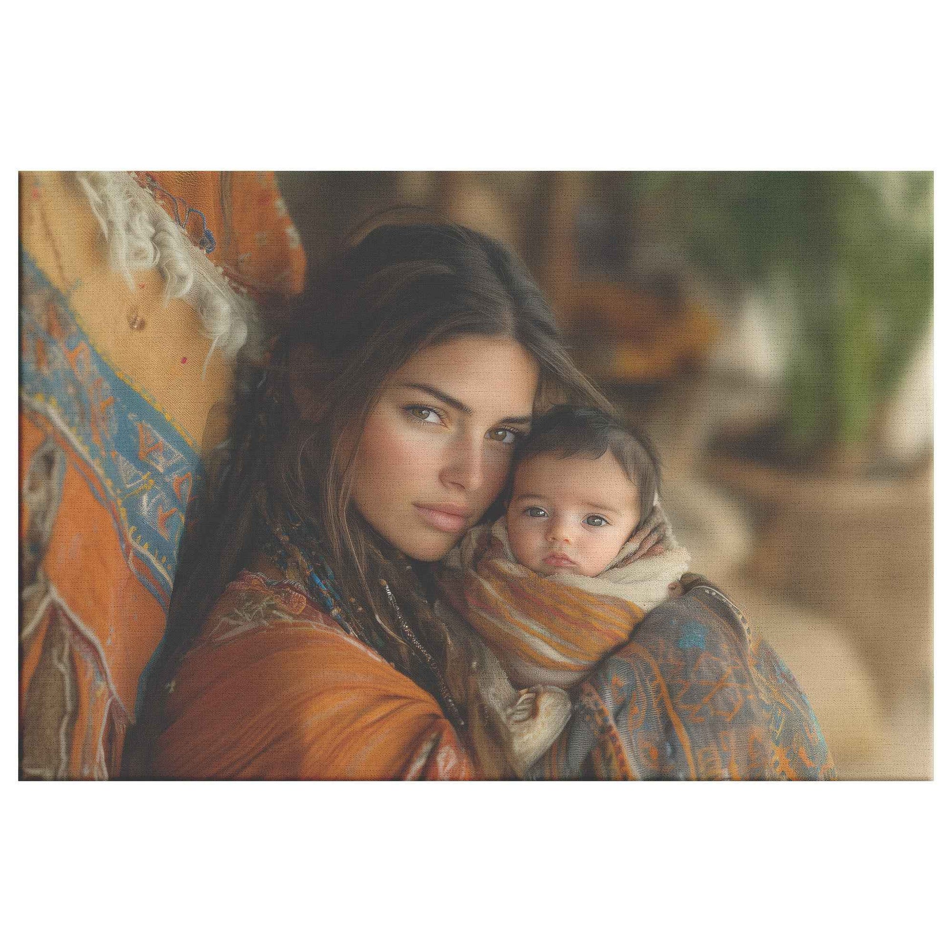 Tender Love Mother Holding Baby in Vibrant Shawl Against Rustic Background   Inspiring Christian Canvas Wall Art Decor