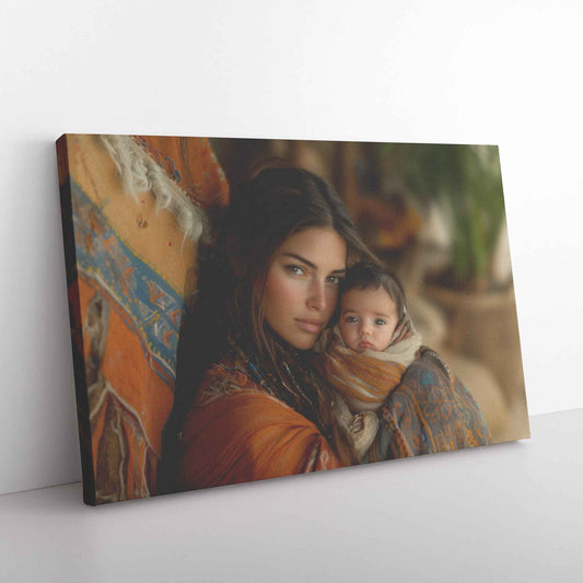 Tender Love Mother Holding Baby in Vibrant Shawl Against Rustic Background   Inspiring Christian Canvas Wall Art Decor