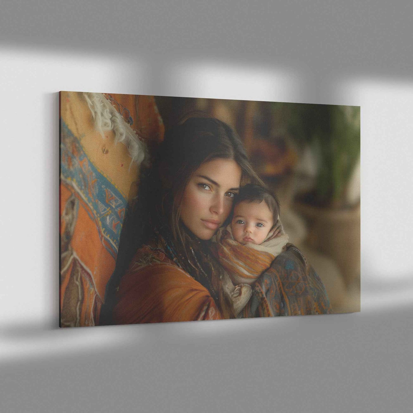 Tender Love Mother Holding Baby in Vibrant Shawl Against Rustic Background   Inspiring Christian Canvas Wall Art Decor
