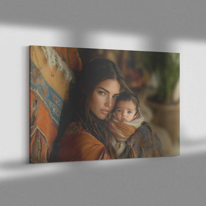 Tender Love Mother Holding Baby in Vibrant Shawl Against Rustic Background   Inspiring Christian Canvas Wall Art Decor