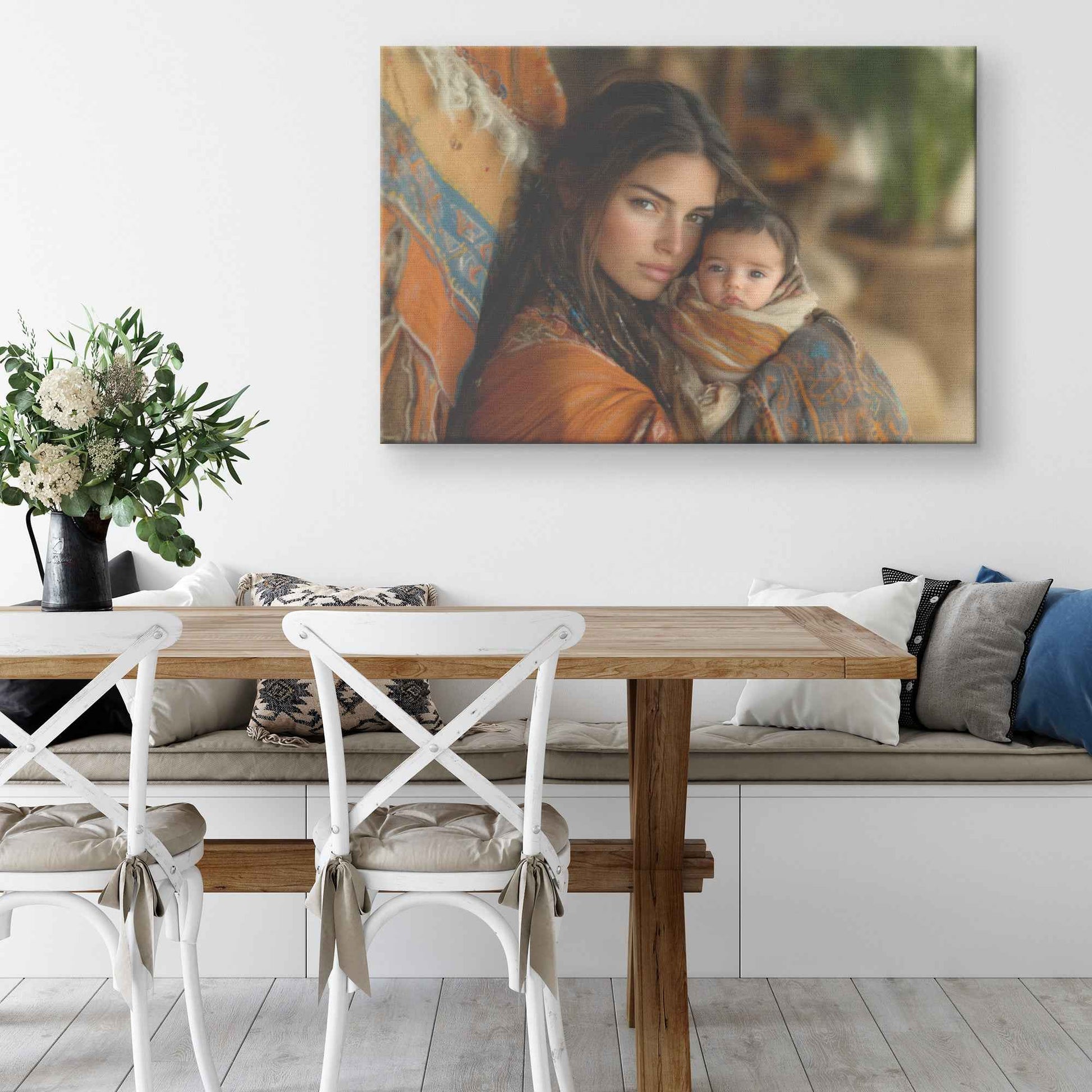 Tender Love Mother Holding Baby in Vibrant Shawl Against Rustic Background   Inspiring Christian Canvas Wall Art Decor