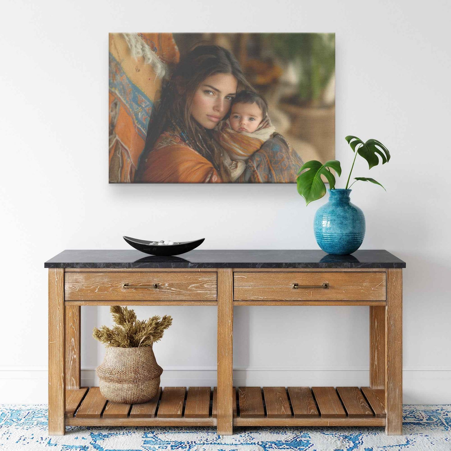 Tender Love Mother Holding Baby in Vibrant Shawl Against Rustic Background   Inspiring Christian Canvas Wall Art Decor