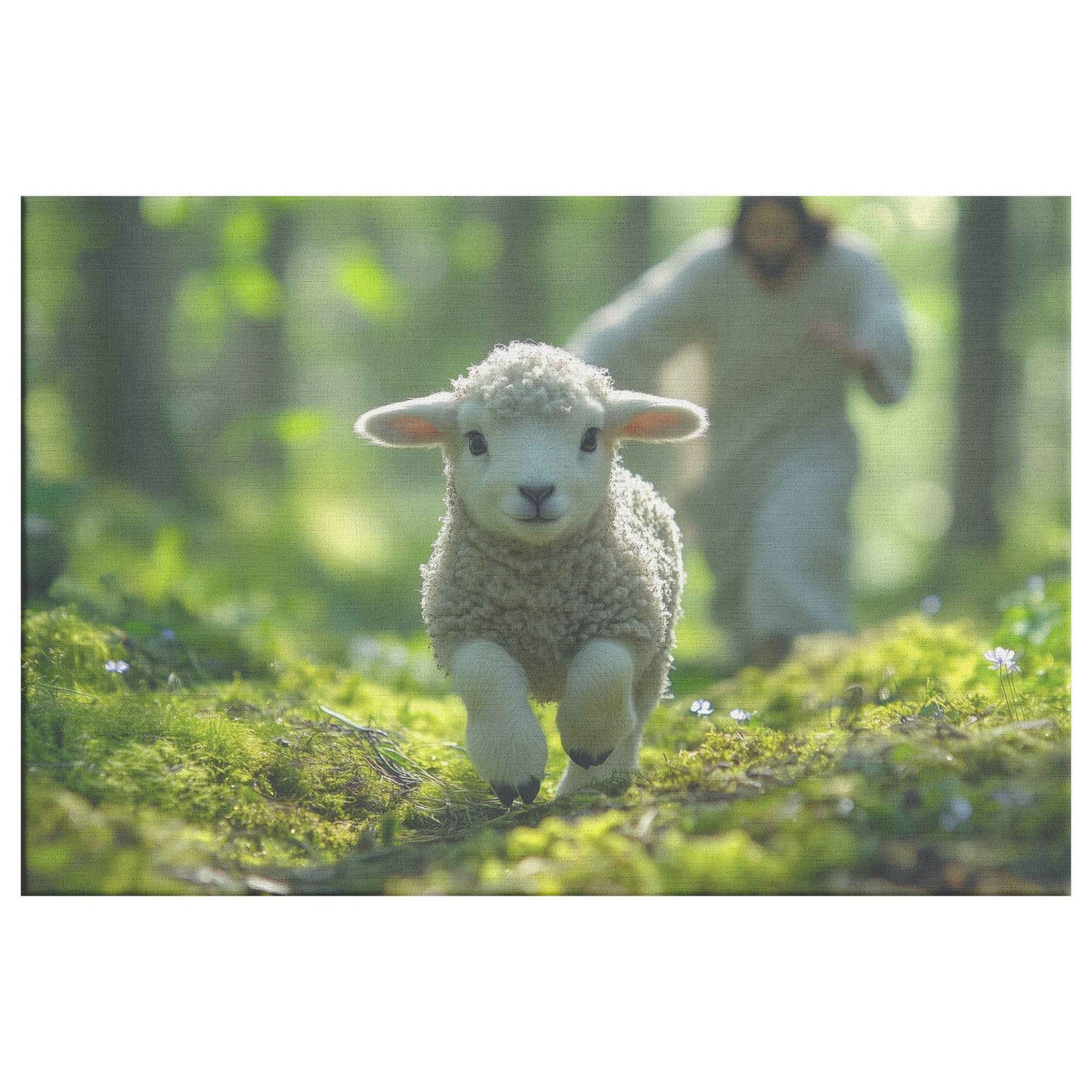The Joyful Pursuit Jesus Running to Rescue the Wandering Lamb   Christian Canvas Wall Art Decor