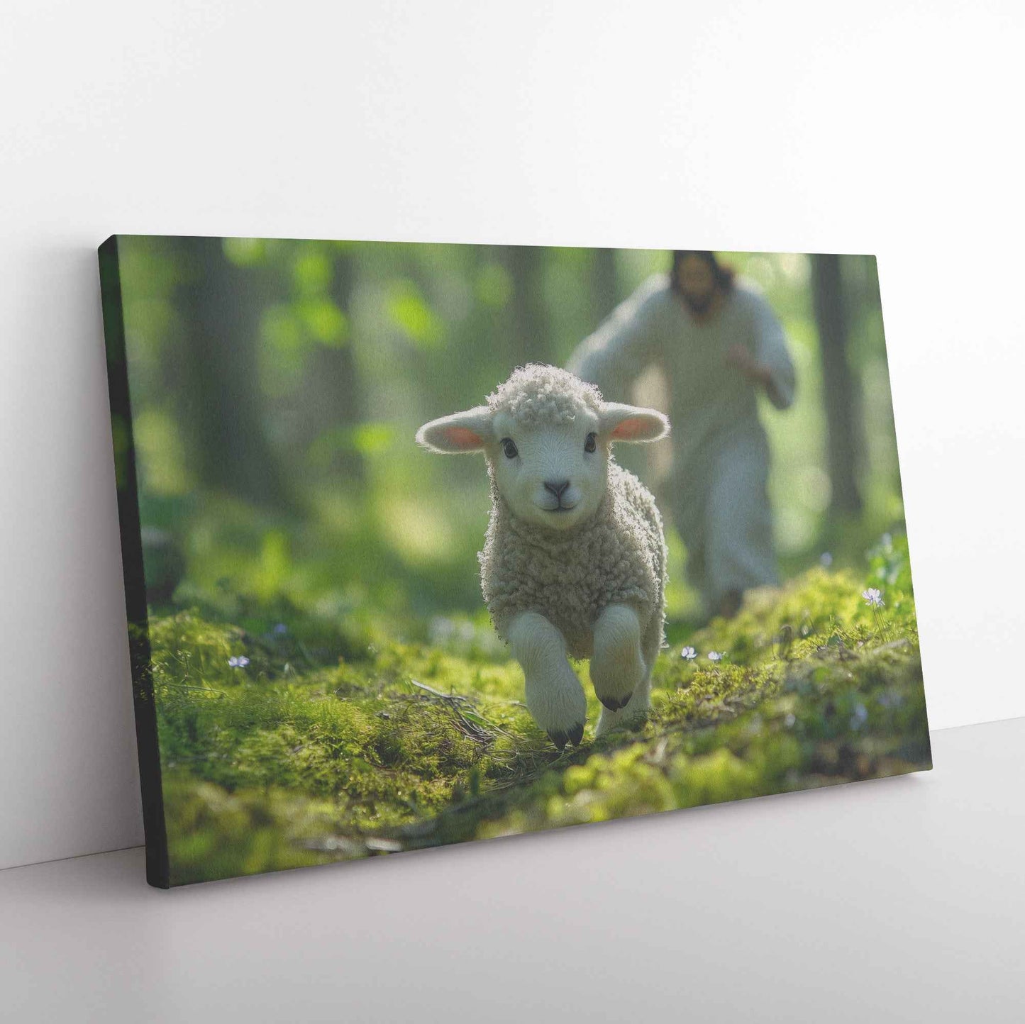 The Joyful Pursuit Jesus Running to Rescue the Wandering Lamb   Christian Canvas Wall Art Decor